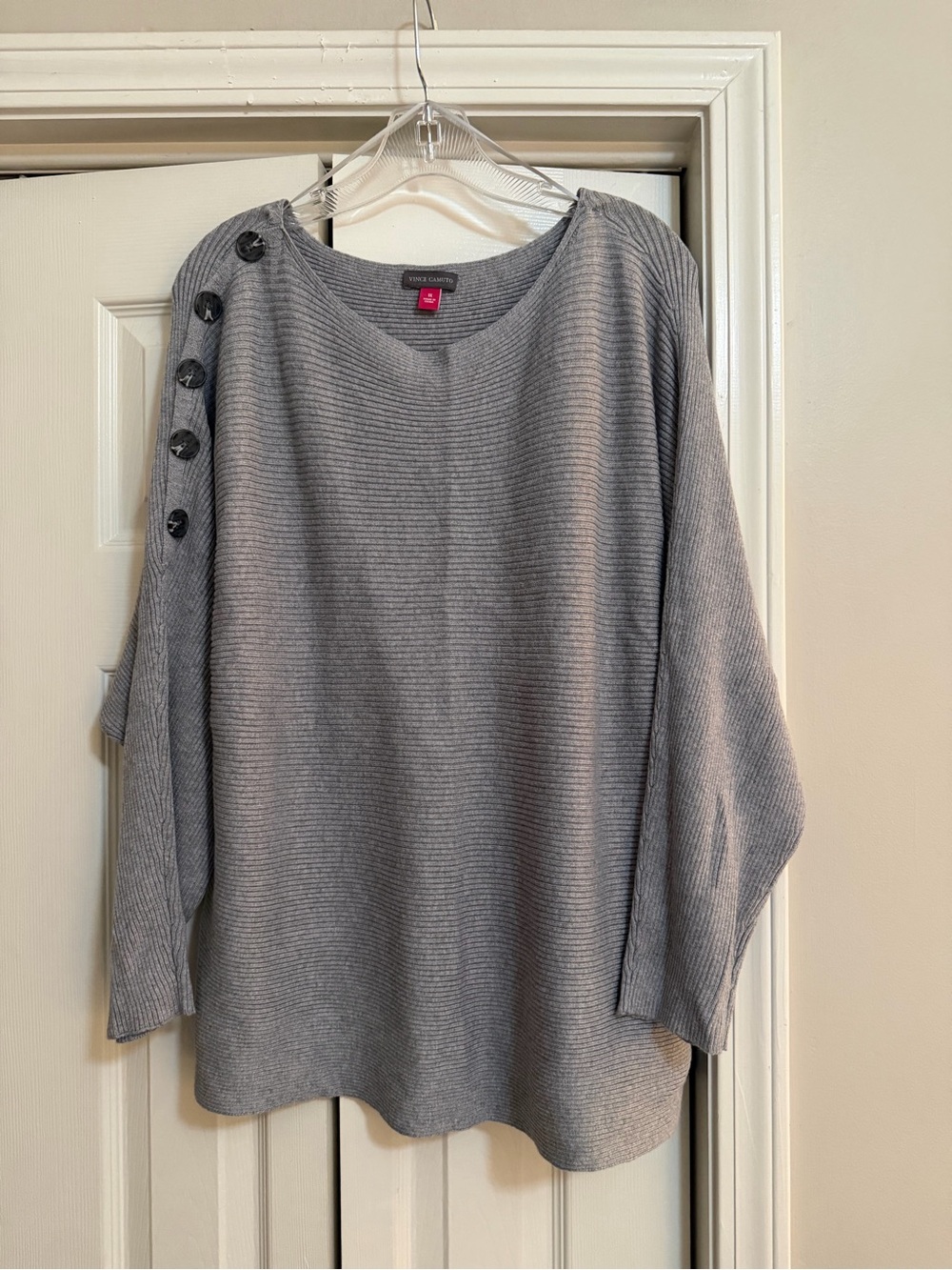 Vince Camuto Gray Ribbed Button-Shoulder Pullover